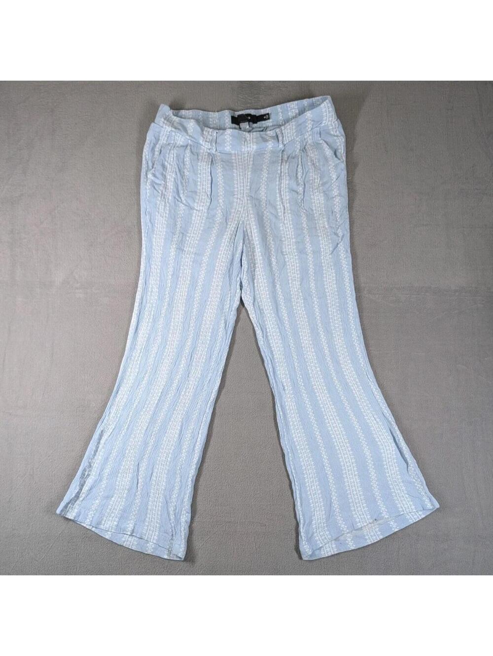 Torrid Womens 0 Large Blue Striped Wide Leg Pants Boho Beach Resort Linen Look
